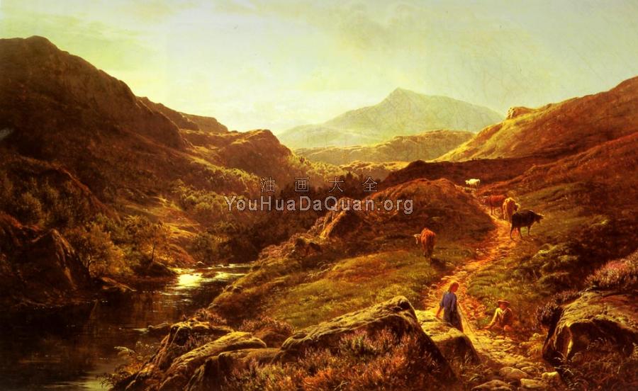 Moel Siabod from Glyn Lledr, with Figures and Cattle on a Ri - 西德尼·理查德·珀西